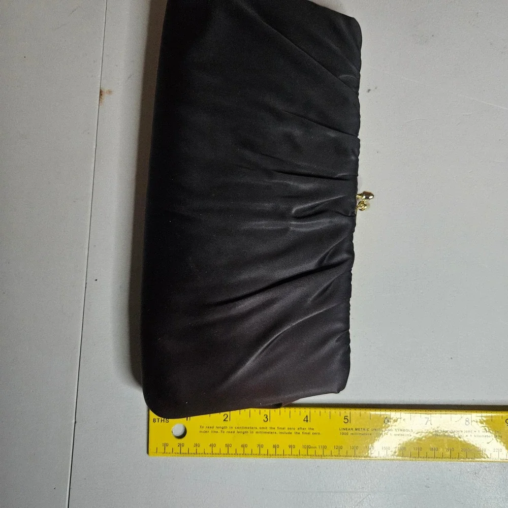 Vintage HL USA Black Satin Ruched Clutch Evening Bag Gold Chain Kiss Lock USA